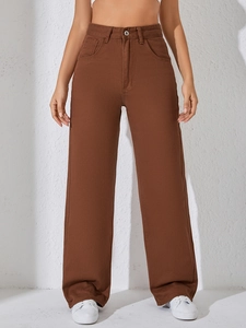 Pantalon Jeans Femme Taille Haute Jambe Droite Large Décontracté Streetwear Coton Délavé Couleur Unie Longueur Totale
