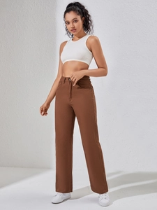 Pantalon en jean femme taille haute à jambe large marron, coupe droite de style décontracté