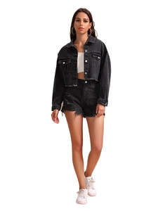 Ensemble veste en jean courte noir délavé vintage et short pour femme