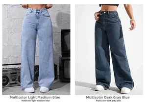 Détails du jean taille haute à jambes larges en délavages bleu clair moyen et bleu gris foncé