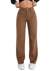 Pantalon en jean femme taille haute coupe droite large et décontractée marron rétro