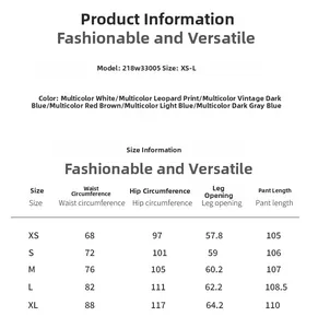 Tableau des tailles détaillé pour jeans évasés incluant taille, hanches et longueur