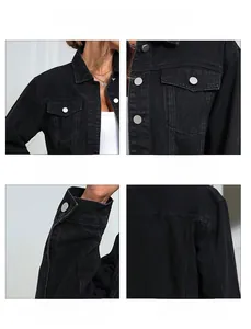 Detail view of denim jacket showing lapel collar, chest pockets and neat stitching craft