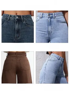 Détail du jean taille haute montrant le design des poches et les finitions de couture