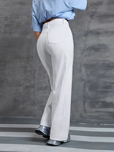 Women's high waisted white wide leg denim trousers with a back view and stylish fit