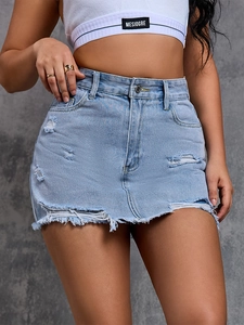Women High Waist Distressed Denim Skort Frayed Raw Hem Washed Streetwear Mini Skirt For Summer Fashion Blue White