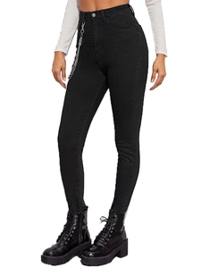 Schwarze Skinny-Jeans mit hoher Taille für Damen mit dekorativen silbernen Metallketten