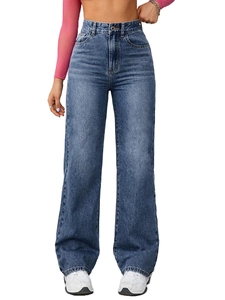 Women's high waisted straight leg wide denim jeans in retro dark blue wash style