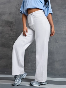 Stylish high-waisted white wide-leg denim jeans with a straight loose fit for women