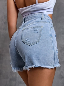 Women high waisted light blue washed denim shorts with distressed frayed hem and back pockets