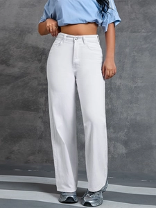 High waist white wide-leg denim jeans for women with a straight loose fit and casual style