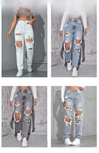 Distressed high-waisted jeans in four colors: white, light blue, light gray, and smoke gray