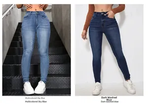 Détail de jean skinny taille haute en bleu ciel et délavé foncé avec un design à cinq poches