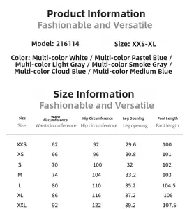 Size guide table for women's distressed jeans showing waist, hip, and length measurements