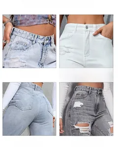 Detailed close-up of high waist design and ripped frayed texture on denim jeans