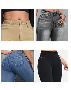 Détails du bouton de taille, poches et coutures de ce jean slim pour femme en gros plan