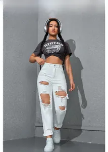 Fashionable white ripped straight jeans for women with distressed details and high waist cut