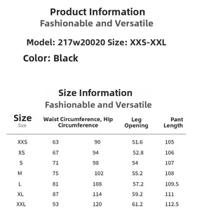 Tableau des tailles pour jeans larges noirs avec mesures détaillées de XXS à XXL