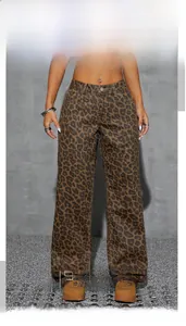 Detail of high-waist leopard print denim jeans with metallic button and texture