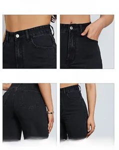Détail du jean noir taille haute montrant le bouton en métal, les poches et la couture