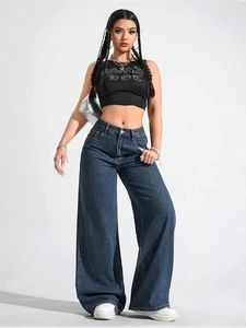 Jean Denim à Jambe Large et Taille Haute pour Femme Pantalon Droit Large Streetwear Y2K Lavé Rétro Imprimé Léopard Casual