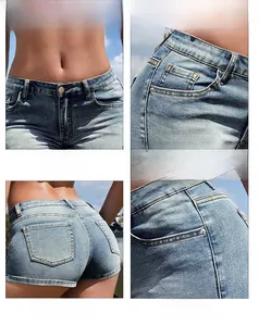 Vues détaillées du short en jean bleu clair montrant le bouton en métal et les coutures