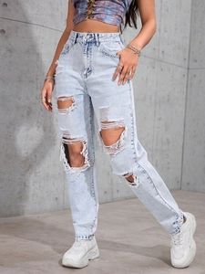 High waist loose wide leg jeans with distressed ripped details in light blue wash