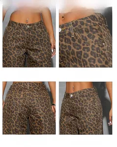 Detail view of leopard print denim waist, metal buttons, and stitching quality
