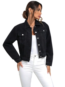 Women's slim fit black cropped denim jacket with lapel collar and metal buttons