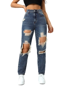 High-waisted wide-leg ripped jeans in mid-blue with distressed details and street style