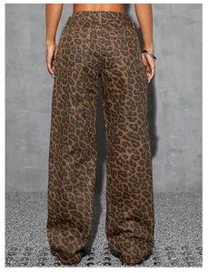 Detailed back view of high-waist leopard print denim jeans with functional pockets