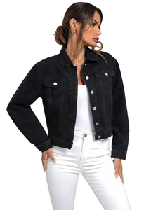 Classic black denim jacket for women featuring a turn-down collar and cropped stylish fit