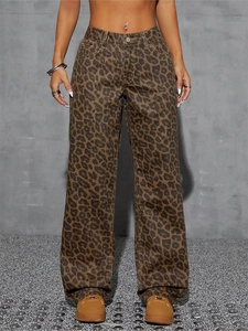 Vintage Leopard Print High Waisted Wide Leg Denim Jeans Women Loose Straight Long Casual Streetwear Fashion Trousers