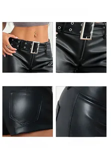 Dettaglio ravvicinato degli shorts in pelle PU nera con fibbia e cuciture rifinite