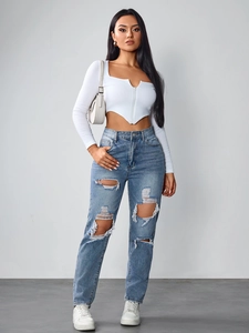 Jeans Femme Taille Haute Déchiré Distressed Jambe Droite Pantalon En Denim Avec Franges Streetwear Jeans Décontracté
