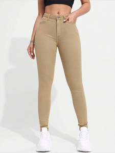Jean skinny taille haute pour femme en denim stretch kaki style décontracté