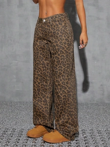 Women's high waist leopard print wide leg denim trousers in retro street style