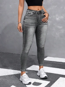 Jean skinny taille haute gris anthracite délavé avec moustaches et coupe moulante sexy