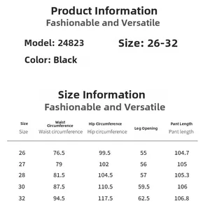 Size chart for high waisted wide leg black jeans showing waist, hip, and length details