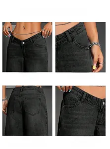Detailed views of high waist denim jeans showing waistband, pockets, and stitching quality
