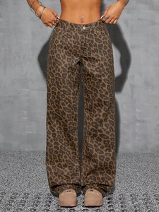 Women's high waist leopard print wide leg denim trousers with vintage street style