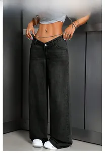 High-waisted black wide-leg jeans with washed denim texture on a model display