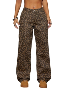 Women's high waist wide leg leopard print denim pants with a retro loose fit style
