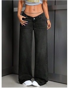 Detail of high-waist wide-leg denim jeans in washed black with industrial street style