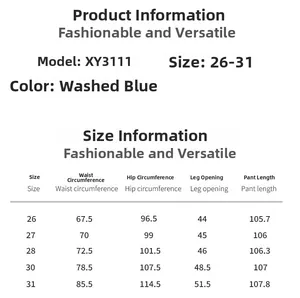 Tableau des tailles détaillé pour jeans taille haute XY3111 en bleu délavé