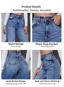 Détails du jean bleu taille haute avec poches avant et motifs de couture raffinés