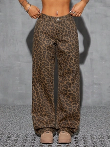 Vaqueros de cintura alta con estampado de leopardo y pernera ancha de estilo retro