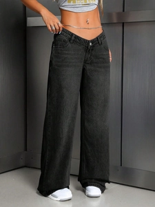 Women's high waist wide leg jeans in charcoal black featuring a casual straight cut