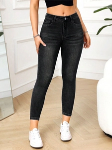 Jean skinny noir taille haute pour femme, coupe ajustée avec tissu extensible doux