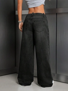 Women's high waist loose wide leg jeans in dark grey wash denim from a rear view perspective